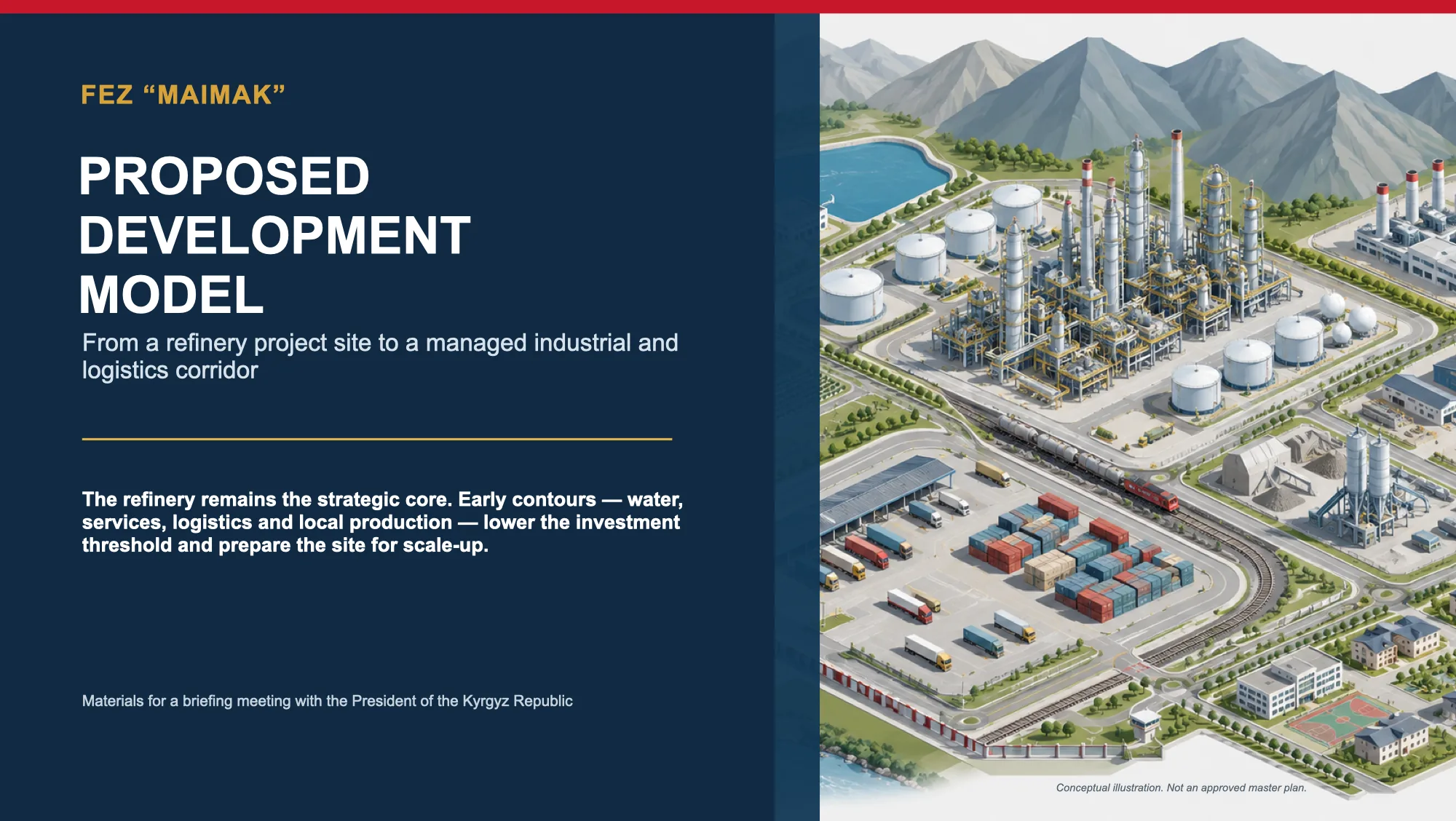Opening slide of the Maymak Free Economic Zone development presentation